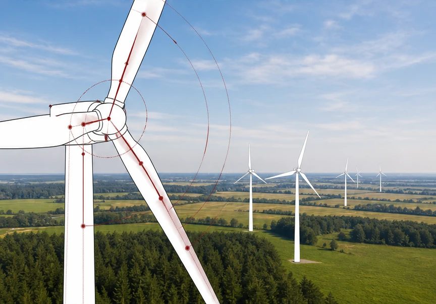 Aktuelles IDASWIND Hybridmotiv aus Windpark-Fotografie und technischer WEA-Illustration