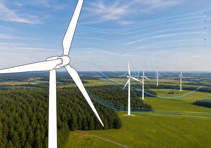 Aktuelles IDASWIND Hybridmotiv eines Windparks mit visualisierten Strömungslinien